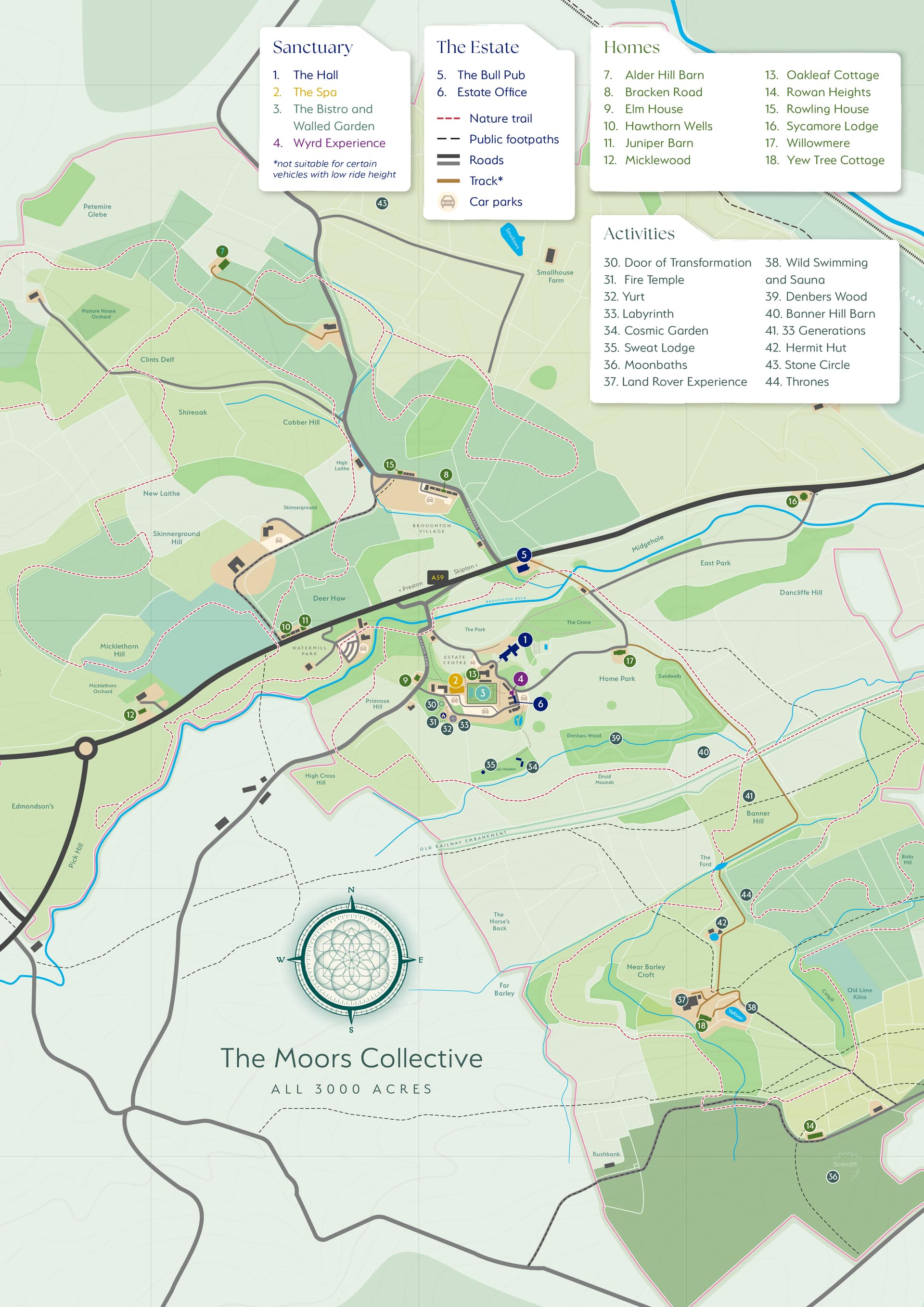 The Moors Collective estate map showing 3000 acres with luxury holiday homes, spa facilities, nature trails and activities a…