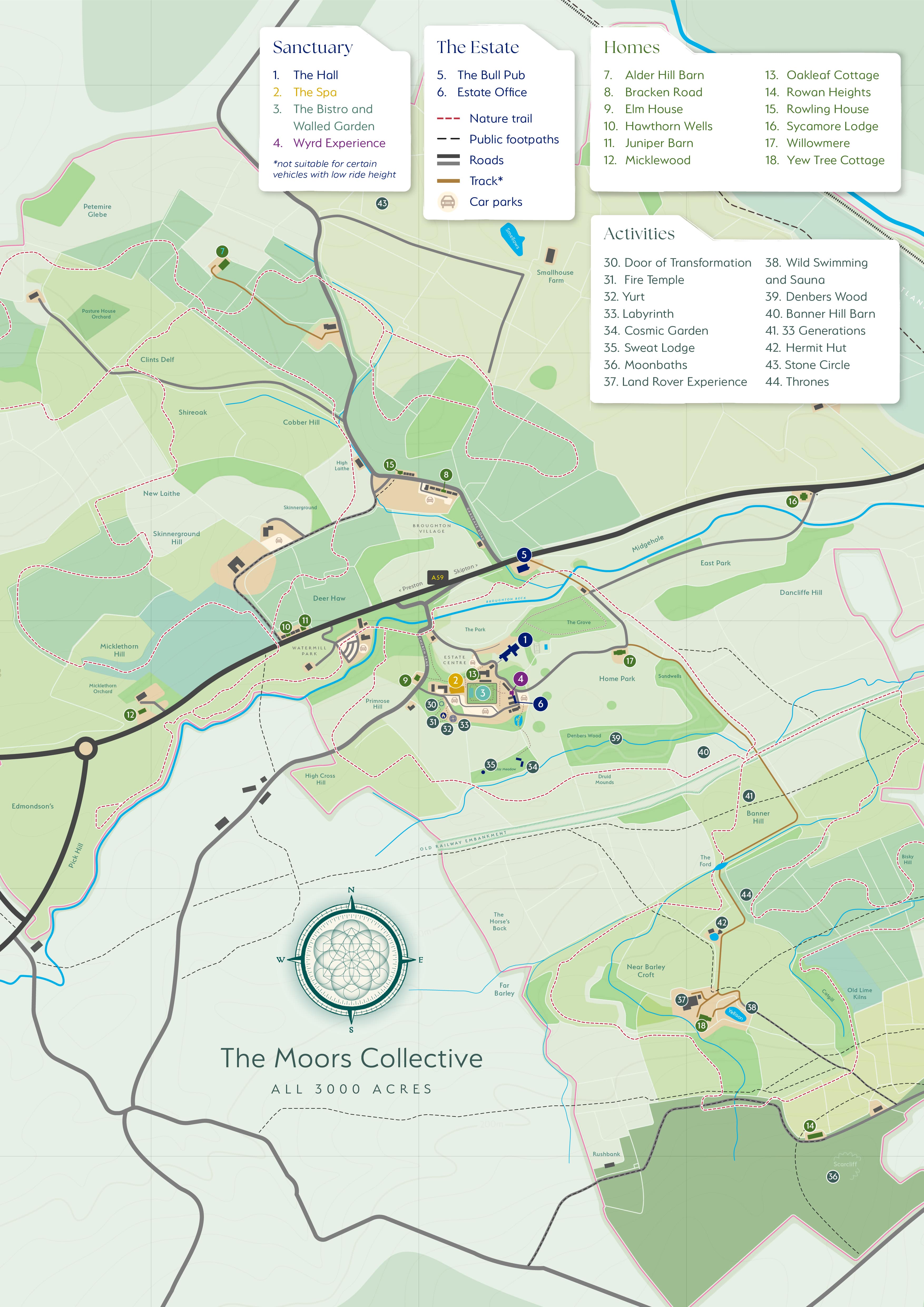 The Moors Collective estate map showing 3000 acres with luxury holiday homes, spa facilities, nature trails and activities a…
