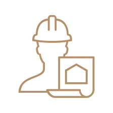Property management and maintenance icon showing a worker with hard hat and house clipboard