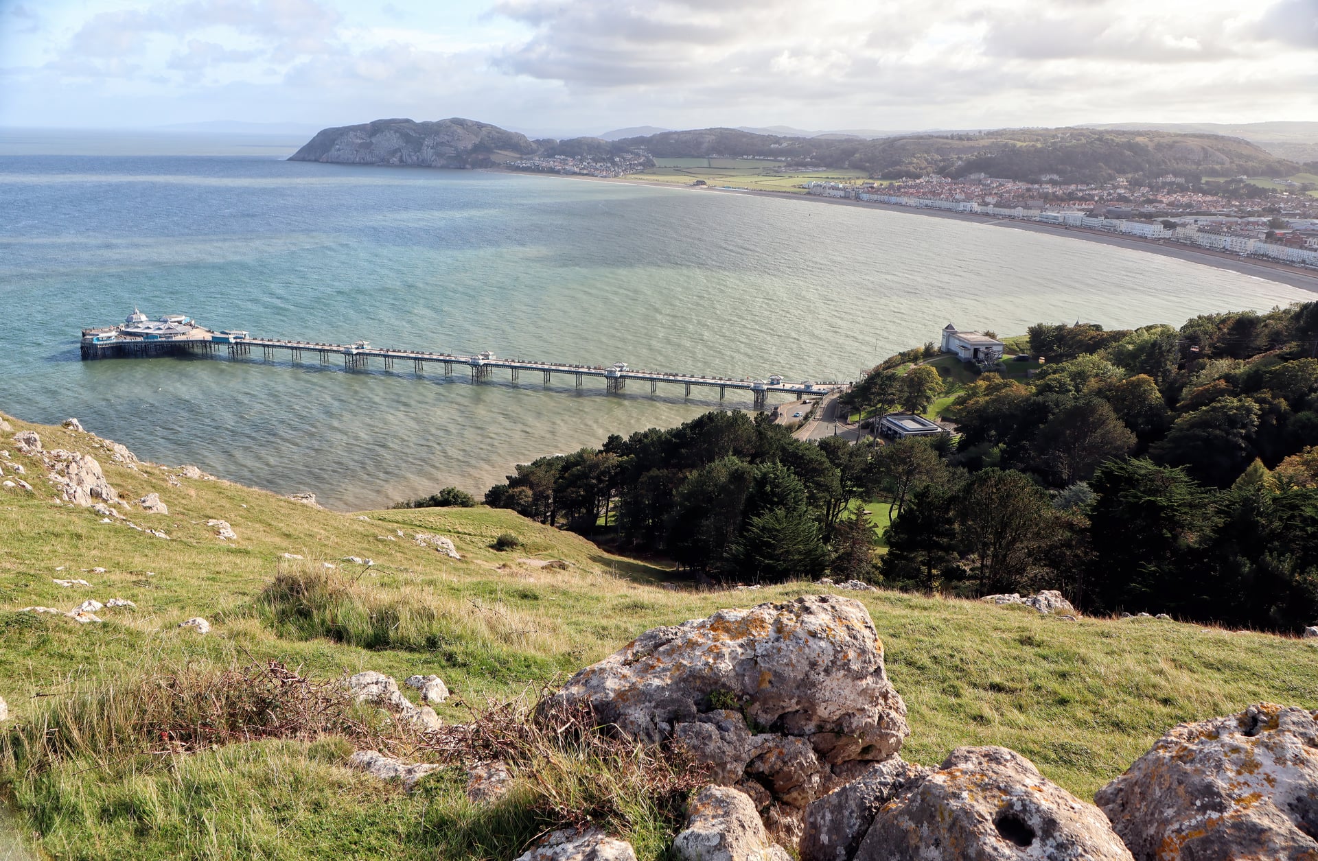 Panoramic view from the Great Orme headland over Llandudno pier, turquoise bay, and Victorian promenade, North Wales