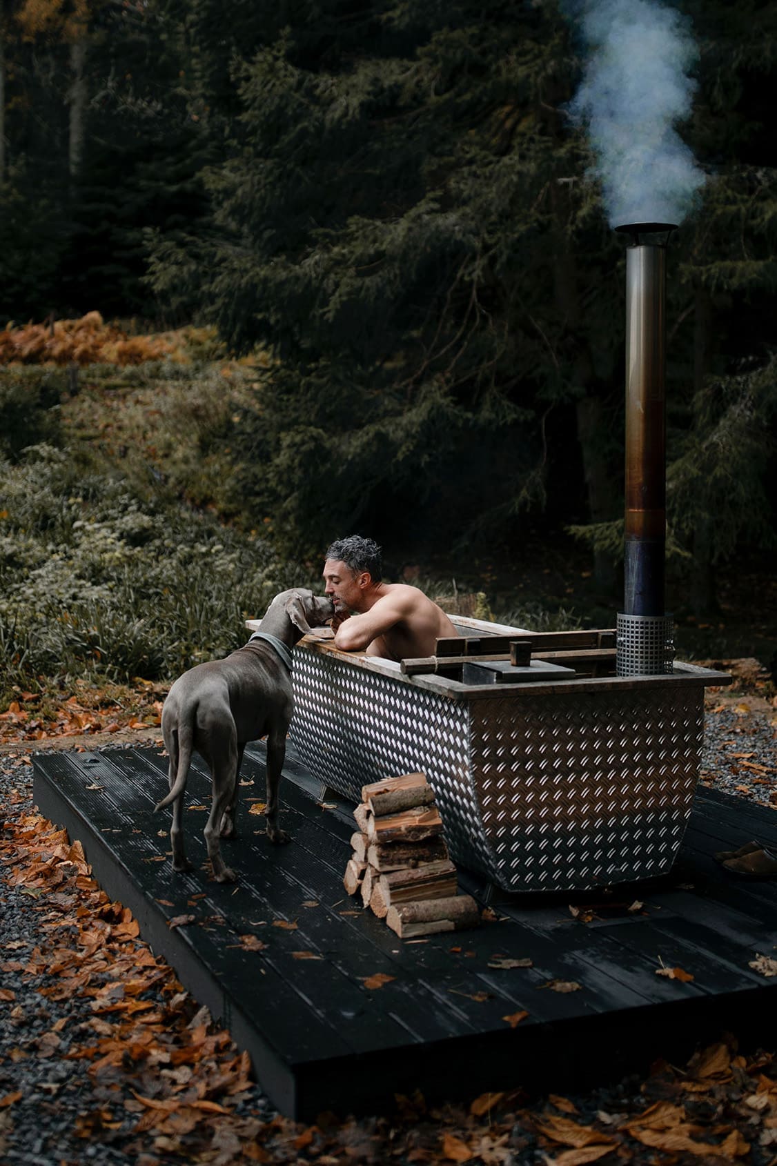 Guest relaxing in a wood-fired outdoor hot tub on a forest deck in autumn, greeted by a Weimaraner dog — a dog-friendly luxu…